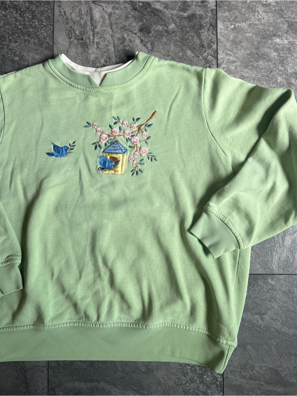 Vintage Kim Rogers Mint Green Collared embroidered Sweatshirt Sz S with birds